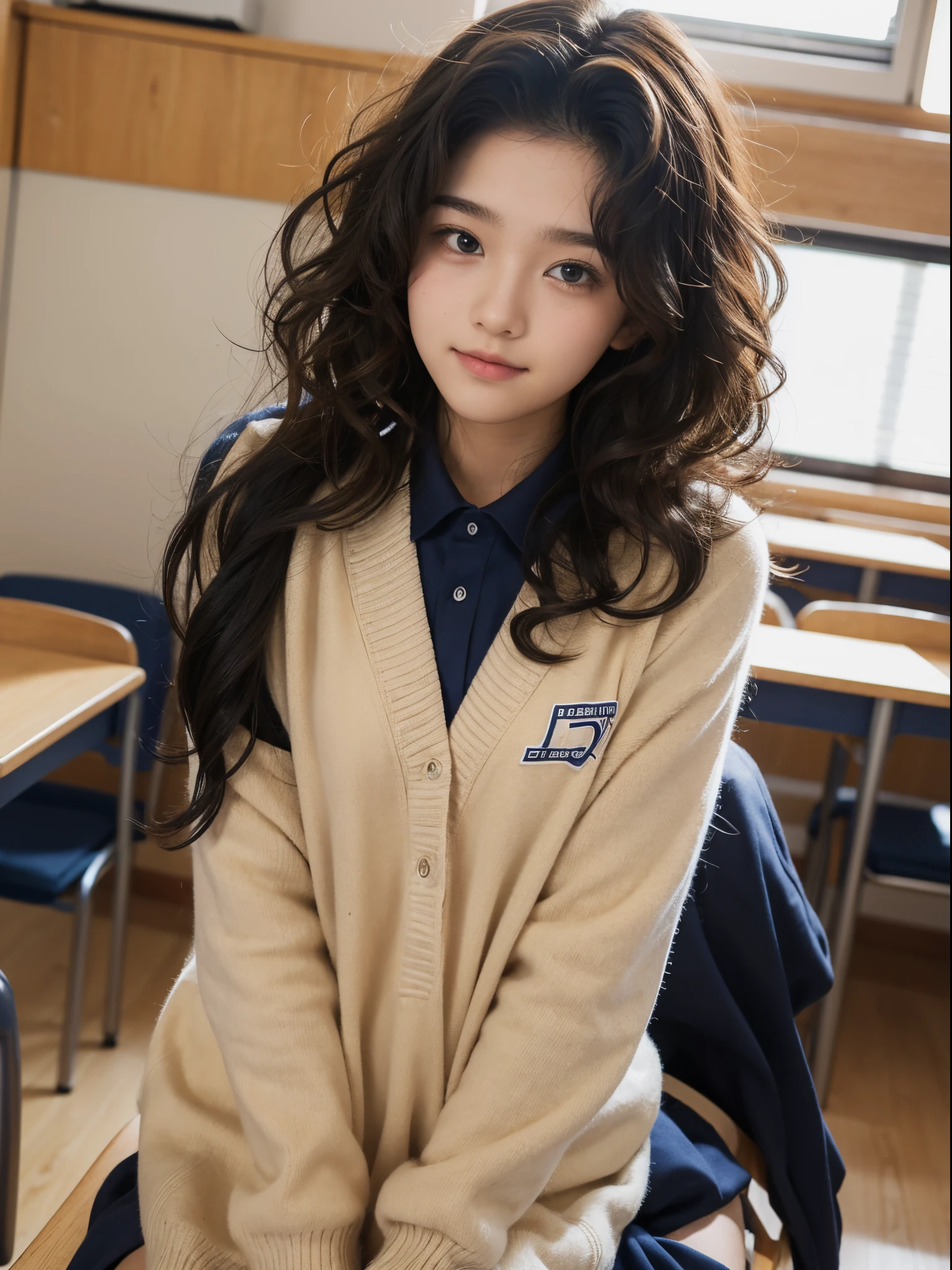 boy, y.o, curly hair, highschool uniform, classroom