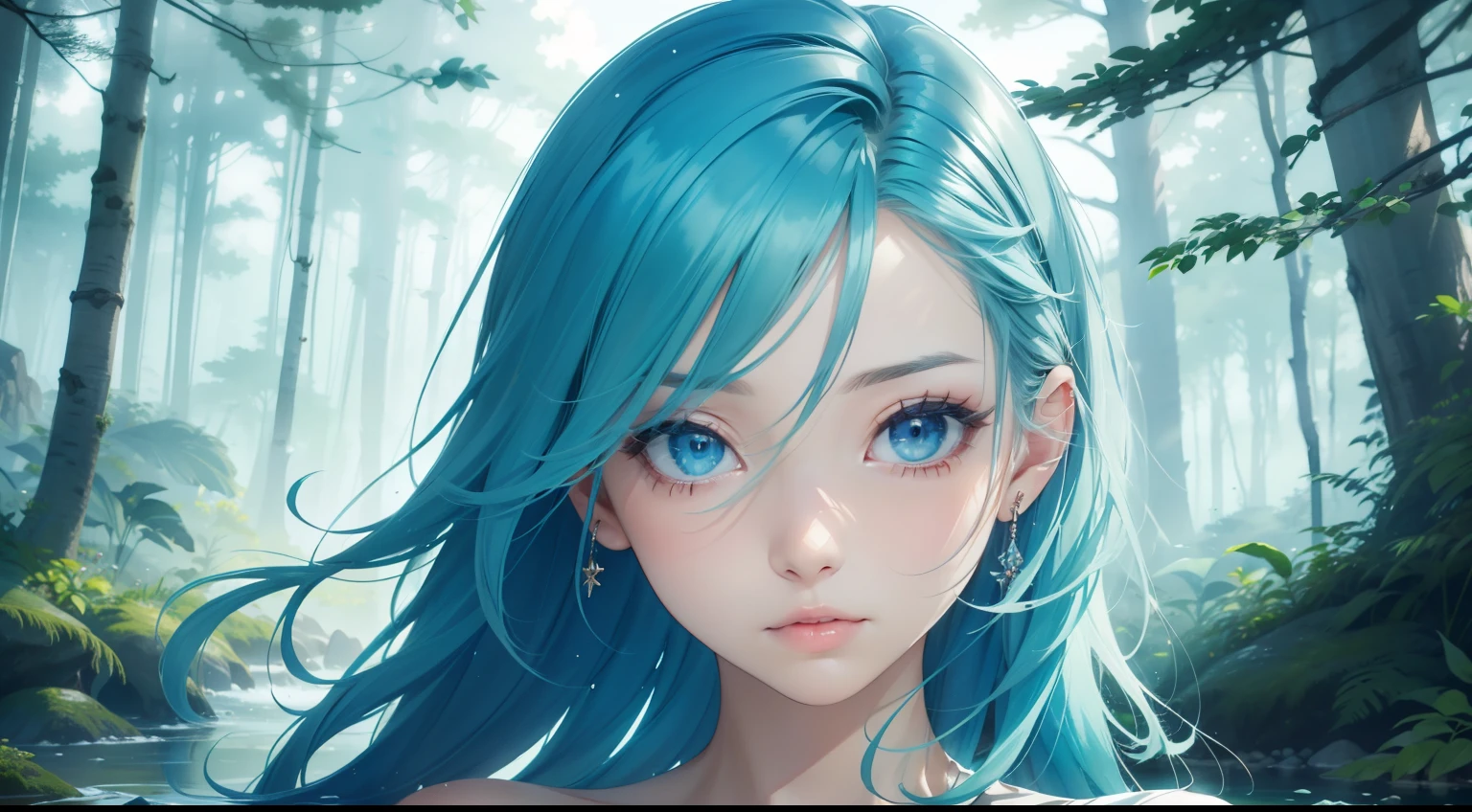 (colorful:0.9), (ink splashing), (color splashing), ((watercolor)), clear sharp focus, model shot, cute expression, elegant blue colored hair, beautyfull detailed face and eyes, elegant goddess clothing, spring forest background, colorwater, natural scenery, (best quality), (masterpiece:1.2)