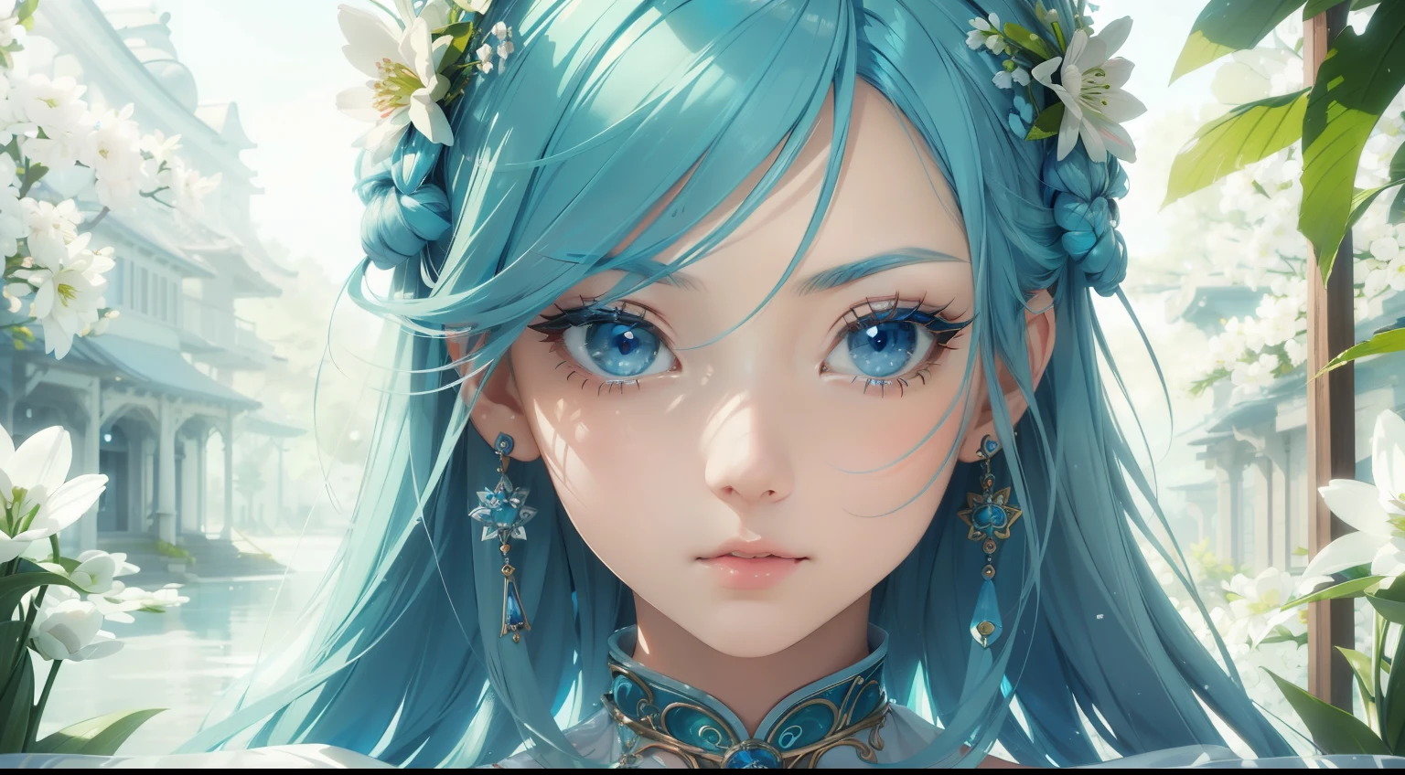 (best quality),(masterpiece:1.2), (colorful:0.9), clear sharp focus, model shot,, (portrait goddess of spring:1.5), cute expression,elegant blue colored hair, beautiful detailed face and eyes, elegant goddess clothing, futuristic natural backgrounf