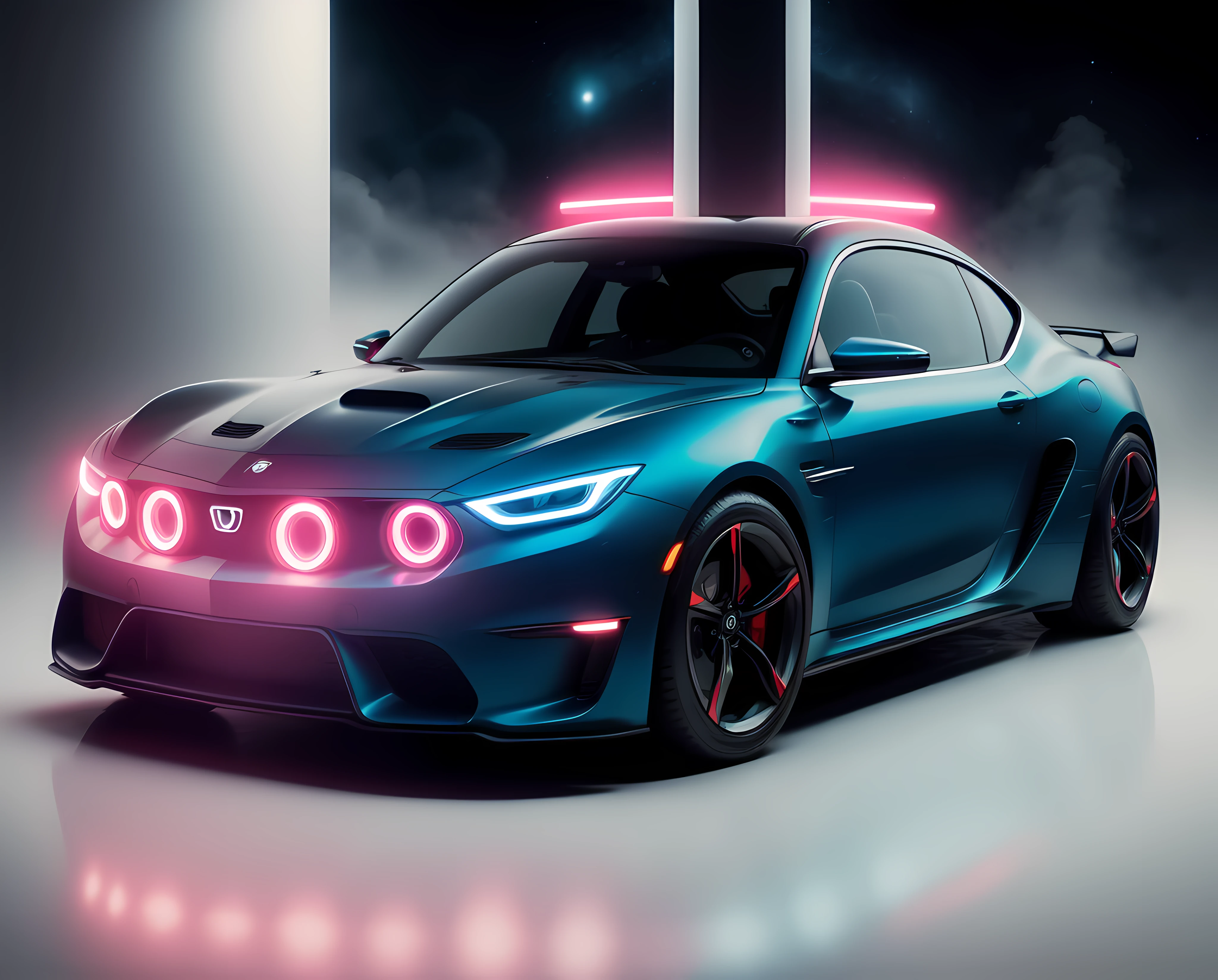 EStilo futurista, luces de neon, Un primer plano de un coche, fondo futuristico de noche, luces de neon, cuerpo ancho, Surrealist illustration, Arte oscuro surrealista, obra maestra, hiperrealista, lluvia, alta definicion