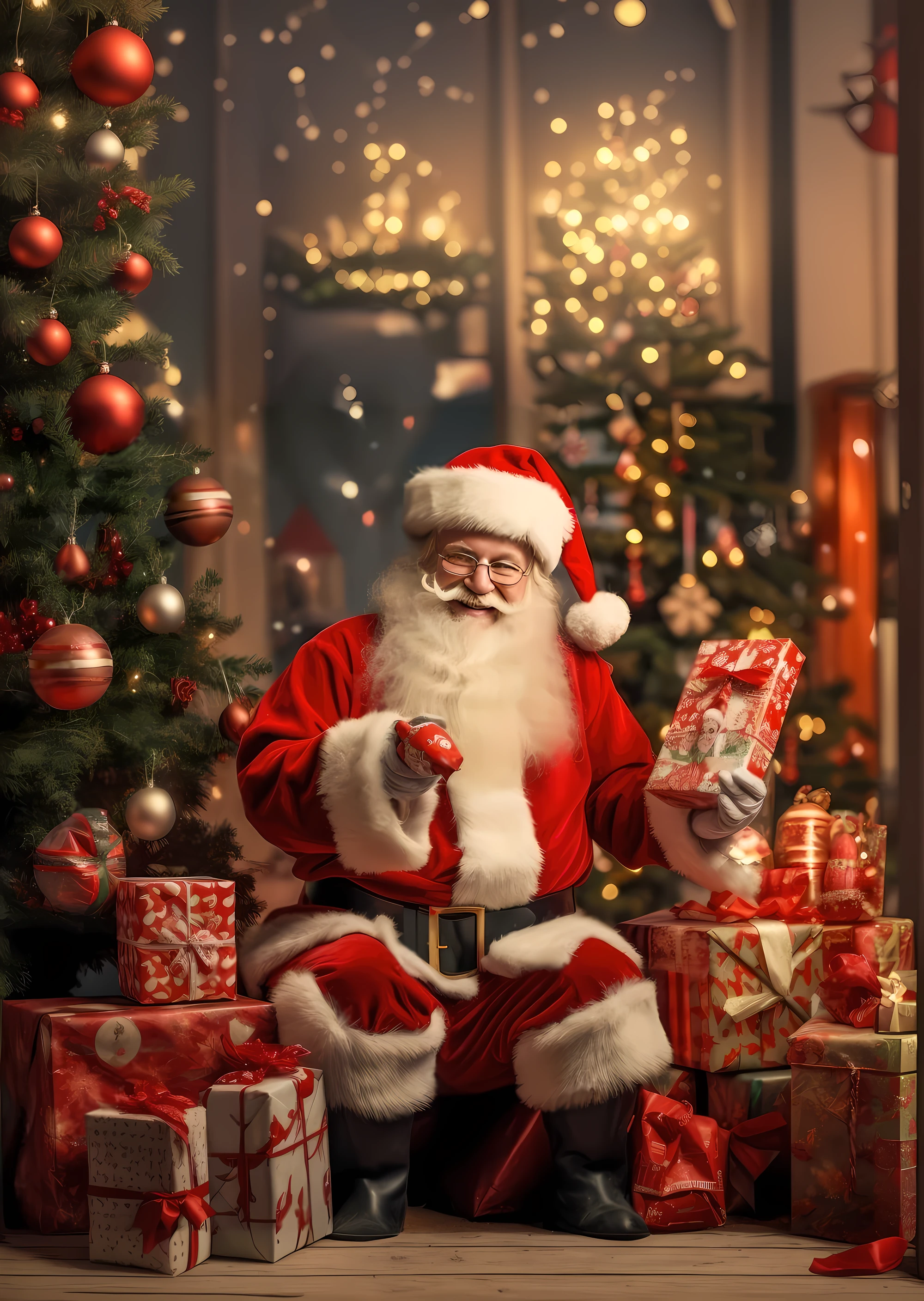 Santa Claus sitting in front of a Christmas tree with gifts, Papai Noel, Papai Noel, Santa, Shutterstock, santa inside a rustic barn, giving gifts to people, Apresenta, Noite de Natal, Presente, 🕹️ 😎 🔫 🤖 🚬, Arte tradicional, holiday season, 8k)), Directed by: Aleksander Gierymski, imagem de alta qualidade, Oficina do Papai Noel