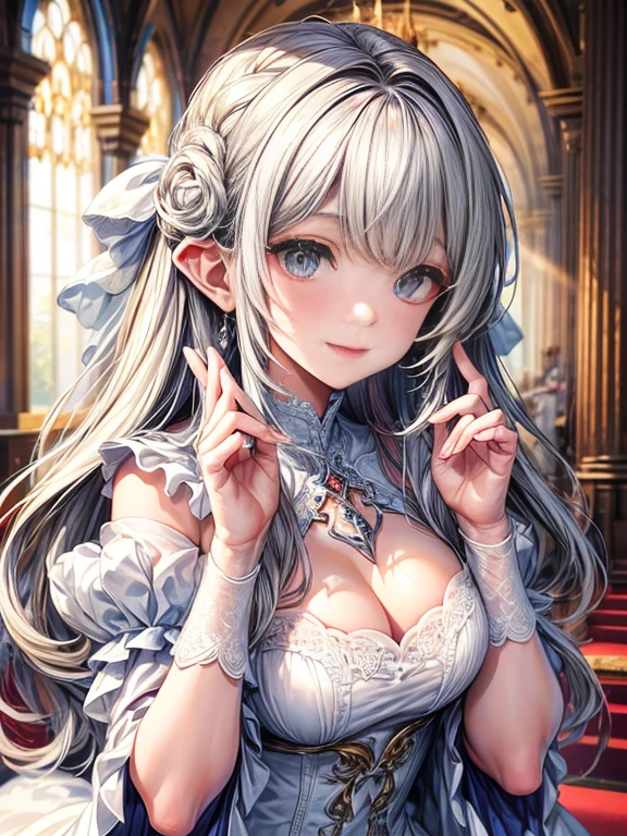 In front of the altar of a majestic church、(blurry backround)、brightened light、golden long hair girl、Classic White Wedding Dresses、(elegant luster)、(Lots of races)、lots of ribbons、((voluminous puff sleeves))、long cuffs with many buttons、golden embroidery、Long Train、white embroidered gloves、((5 fingers))、A smile、Redness of the cheeks、((very closeup))、((facial close-up))