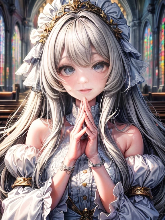 In front of the altar of a majestic church、(blurry backround)、brightened light、golden long hair girl、Classic White Wedding Dresses、(elegant luster)、(Lots of races)、lots of ribbons、((voluminous puff sleeves))、long cuffs with many buttons、golden embroidery、Long Train、white embroidered gloves、((5 fingers))、A smile、Redness of the cheeks、((very closeup))、((facial close-up))