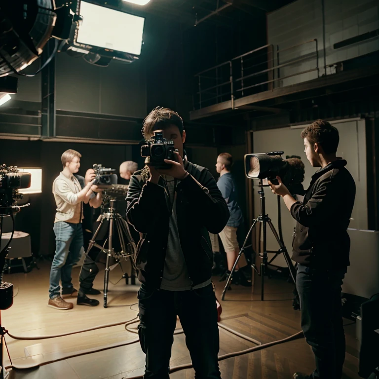 Video filming process , people with camera around actors