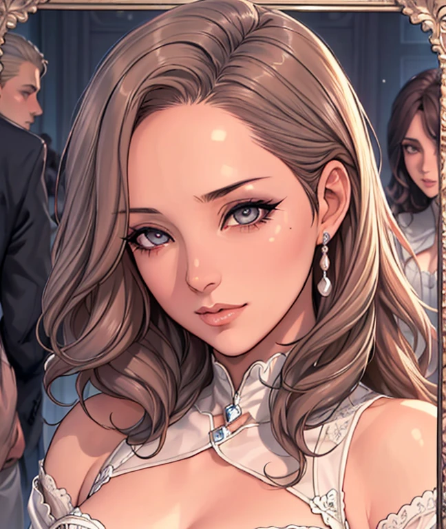 (because it includes specific human attributes, please include all the following attributes clearly: detailed eyes, detailed lips, extremely detailed eyes and face, long eyelashes) sexynurse, POV, mirror, self-reflection, horny eyes, self-adoration, lust, detailed eyes, detailed lips, extremely detailed eyes and face, long eyelashes, seductive gaze