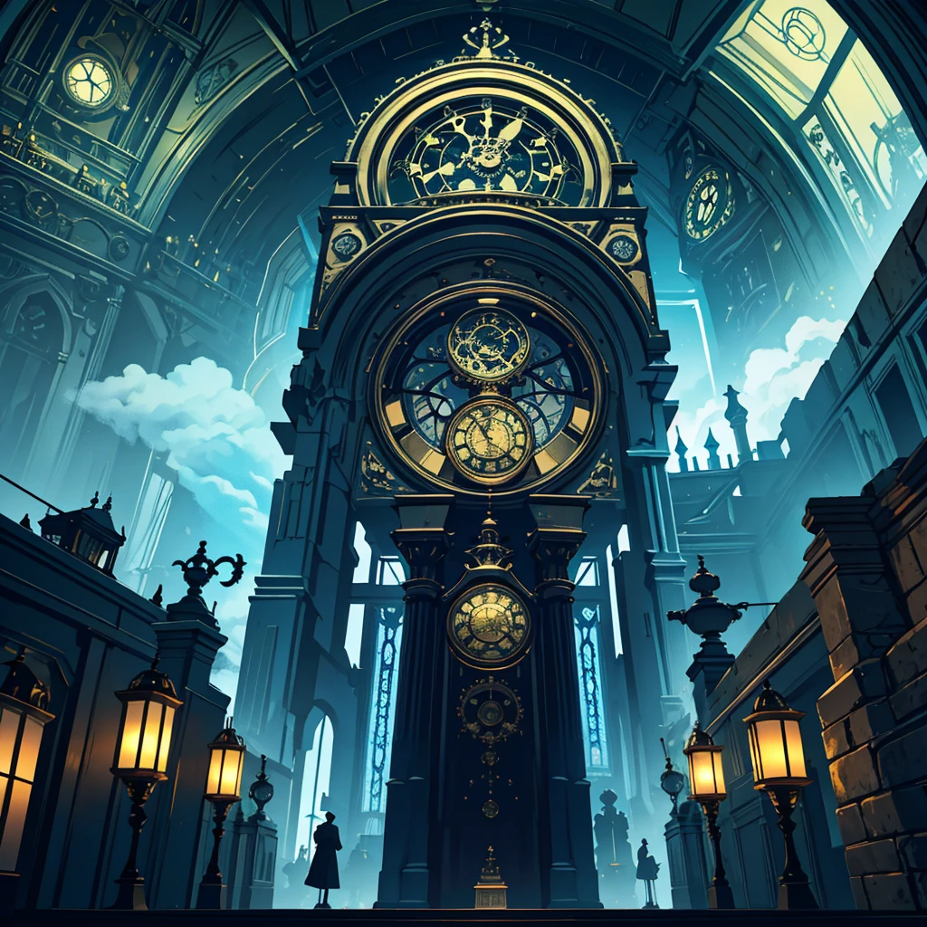 absurdres, best quality, fine detailed, 8k, no humans, blue sky, white cloud, Many huge colorful clocks and gears and green magic circuit floating in a dimly lit large room, a huge clock decorated with silver crystal texture, white gears of various sizes, elaborately constructed altar, clock-themed ornament, silver chain, steampunk, ray tracing, refraction, cinematic lighting, fisheye lens, tyndall effect