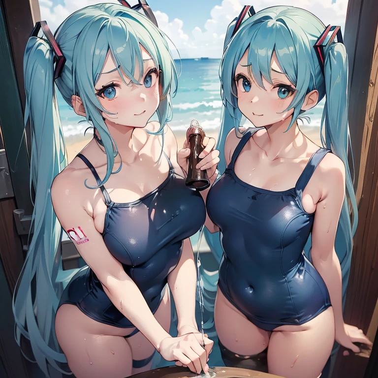 GIVING VIEWERS COCK HANDJOB, pov, handjob, (masterpiece, best quality, 8k wallpaper:1.2 ), ultra detailed, absurdres, highres, 2girls, long blue-green twintail hair, (hatsune miku:1.3), short legs, short arms, petit, being stumpy, (bend over forwards deeply from side view, ((1girl)), (flat chest), (standing, in beach side:1.1), (((glossy slippy smooth texture {blue|black} one-piece japanese school swimsuit:1.3))), flat chest, ((merciful motherfood facial expression)), (((Proudly showing flat chest:1.3, clavicle focus))), (looking at viewer),  upper body, close up flat chest, too sweaty body, silky skin, beautiful eyes, long hair flowing with the wind, beautiful smile line, flat chest, big blue eyes, shiny hair, beautiful detailed eyes, beautiful detailed skin, beautiful detailed clothes, Bend sideways, one hand on hip, one hand on viewers cock, head tilt:1.2, troubled eyebrows, framed double breasts, under bust, too wet skin, too wet clothes, glossy skin, glossy clothes, skindentation, skin tight, ((cum all over)), pov