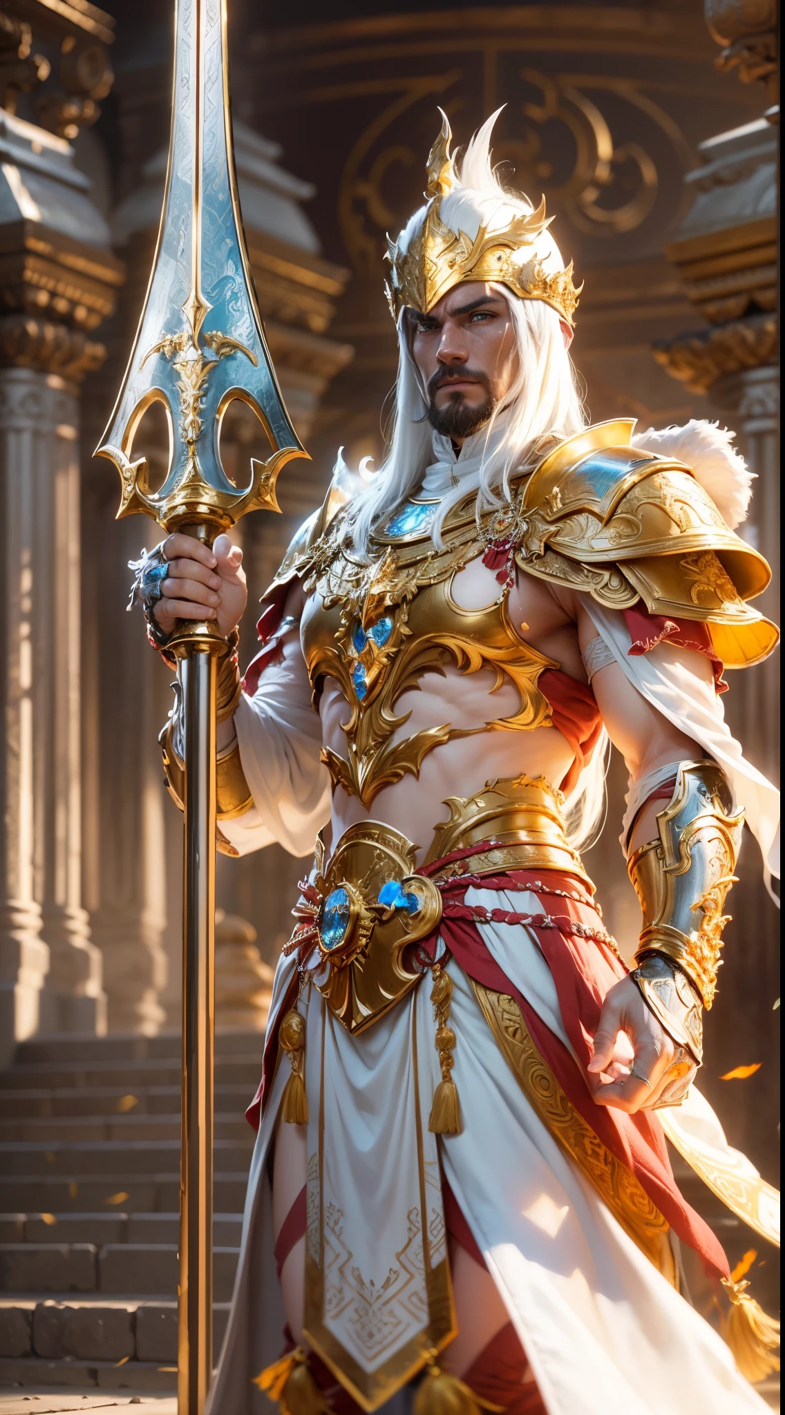 a strong warrior,Detailed flaming sword, Detailed white shiny armor, The mysterious golden gem on the armor,Detailed white helmet,A magnificent temple of the sun god,CG gameovie Promotional Image,(ultra-detailed,realistic:1.37),(best quality,4k,8k,highres,masterpiece:1.2)