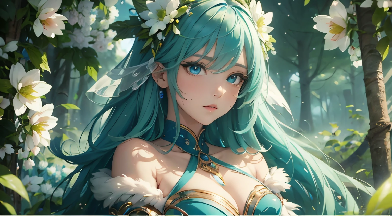 (best quality),(masterpiece:1.2), (colorful:0.9), clear sharp focus, model shot, (full body), (portrait goddess of spring:1.5), cute expression, elegant blue colored hair, beautiful detailed face and eyes, elegant goddess clothing, (futuristic natural background)