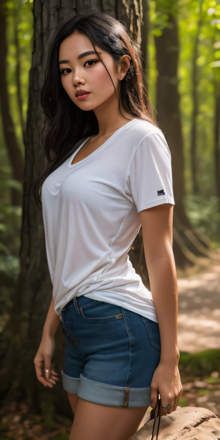 1girl in, 30 years old, Square face, Long hair, Looking at viewer, jewelry, Reality, Sexy, Short skirt outfit, , forest background, free pose
