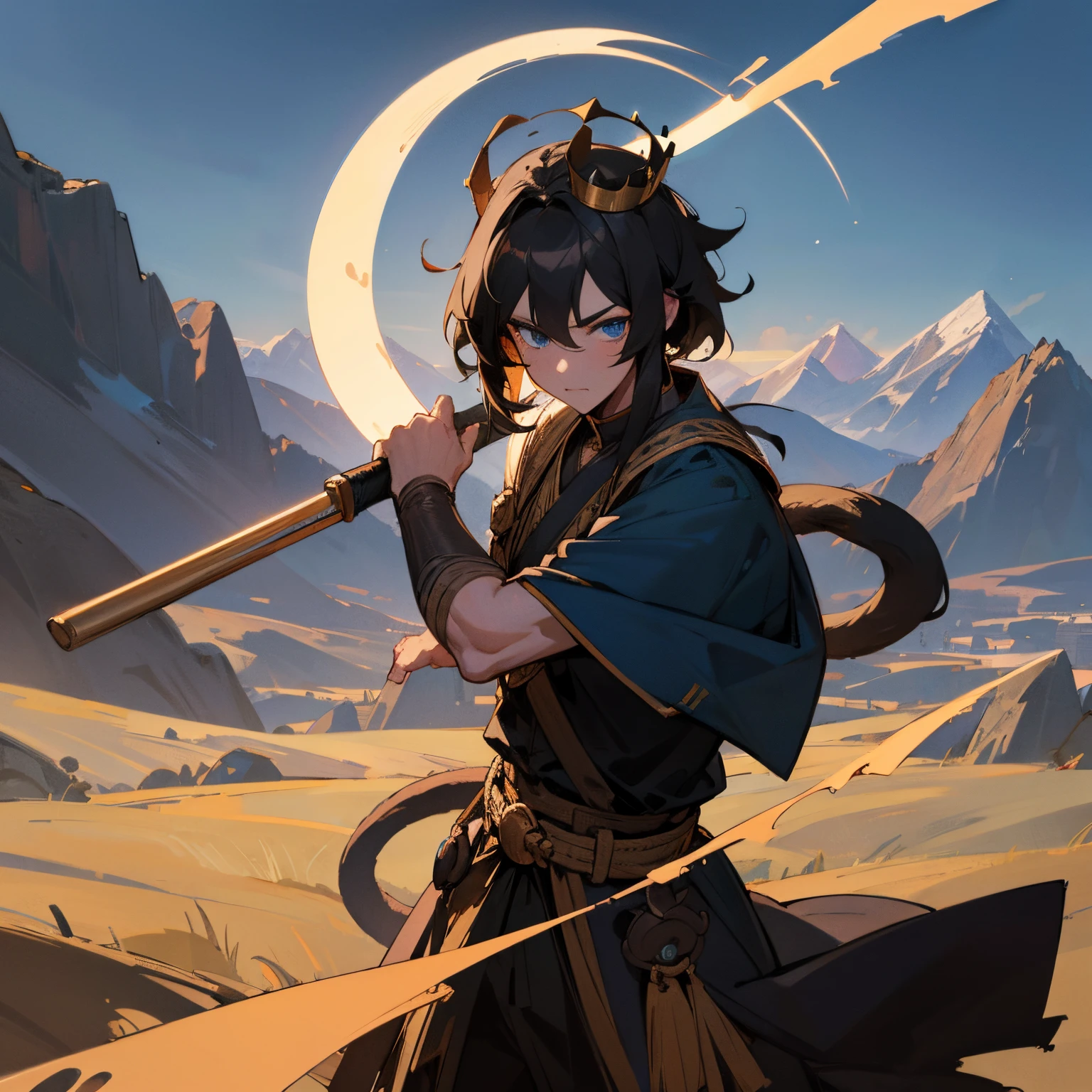 (best quality,4k,8k,highres,masterpiece:1.2),ultra-detailed, messy brownish black hair, blue eyes, blue halo crown, monkey tail, black martial arts clothing, mountain background, 1 male , lean muscular Build