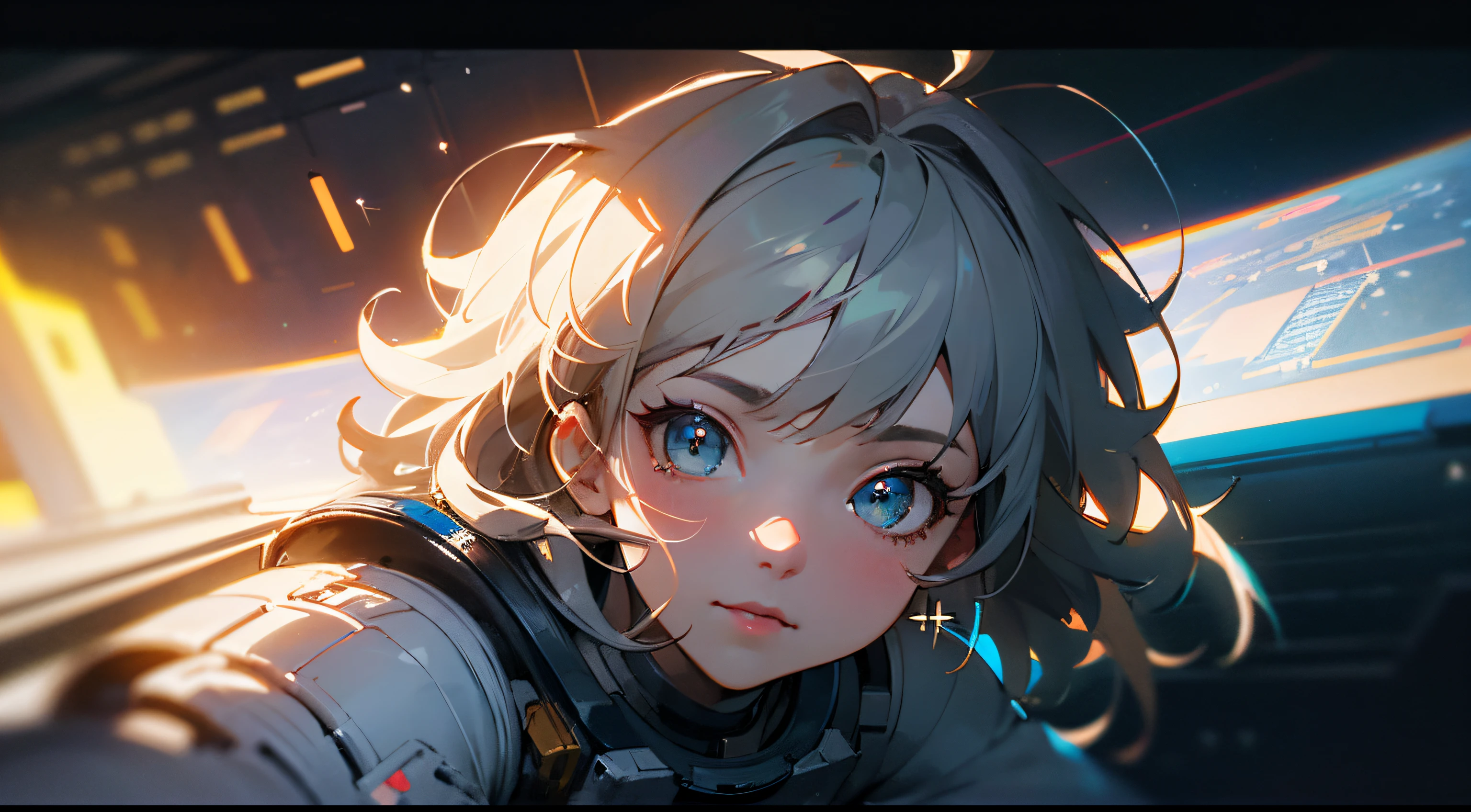 (Masterpiece, best quality: 1.2), in space, in a spacesuit, facing the camera, looking from the bottom up, gray hair, messy hair, expressive hair, sparkling eyes, concept art, luminescism, cinematic lighting, glitter, ray tracing, depth of field, face close-up, 1girl, solo, digital art, intricate details, exquisite patterns, cinematic lighting, professional artwork, mysterious, cinematic déjà vu, motion blur,
