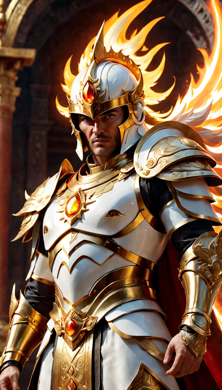 a strong warrior,Detailed flaming sword, Detailed white shiny armor, The mysterious golden gem on the armor,Detailed white helmet,A magnificent temple of the sun god,CG gameovie Promotional Image,(ultra-detailed,realistic:1.37),(best quality,4k,8k,highres,masterpiece:1.2)