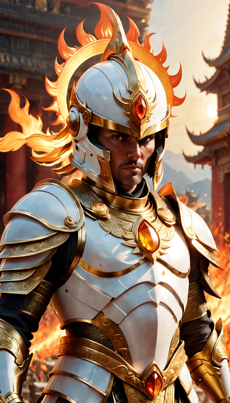 a strong warrior，Detailed flaming sword, Detailed white shiny armor, The mysterious golden gem on the armor，Detailed white helmet，A magnificent temple of the sun god，CG gameovie Promotional Image，(ultra-detailed,realistic:1.37),(best quality,4k,8k,highres,masterpiece:1.2)