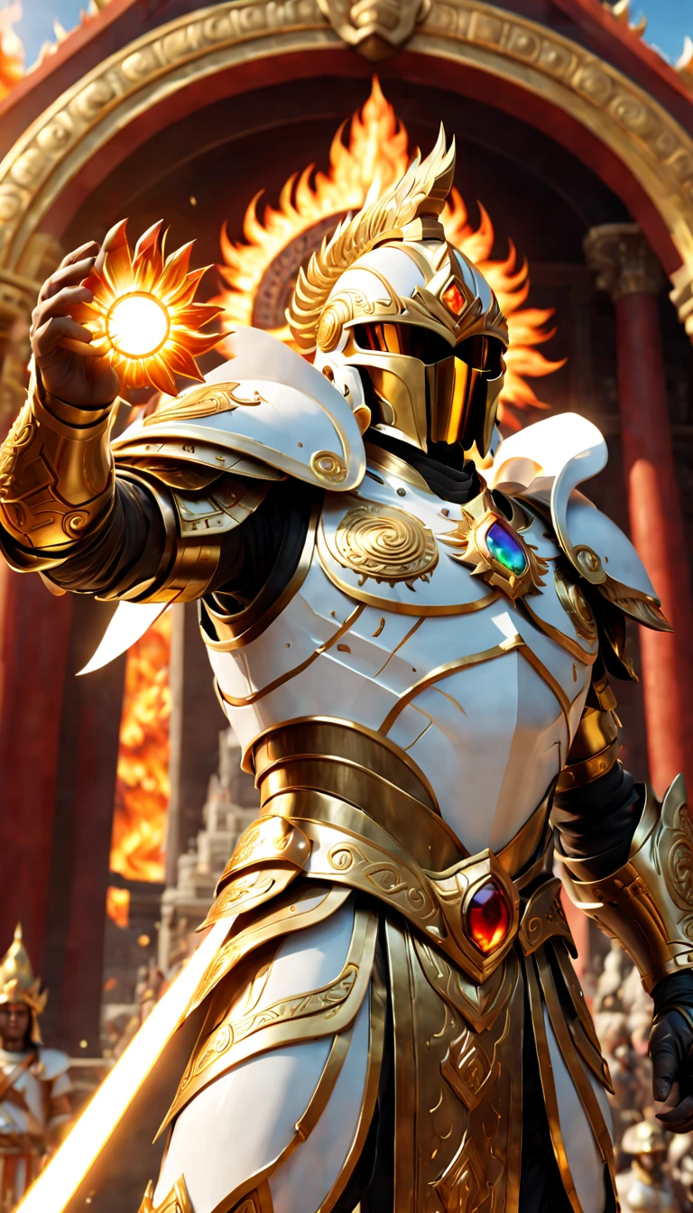 a strong warrior,Detailed flaming sword, Detailed white shiny armor, The mysterious golden gem on the armor,Detailed white helmet,A magnificent temple of the sun god,CG gameovie Promotional Image,(ultra-detailed,realistic:1.37),(best quality,4k,8k,highres,masterpiece:1.2)