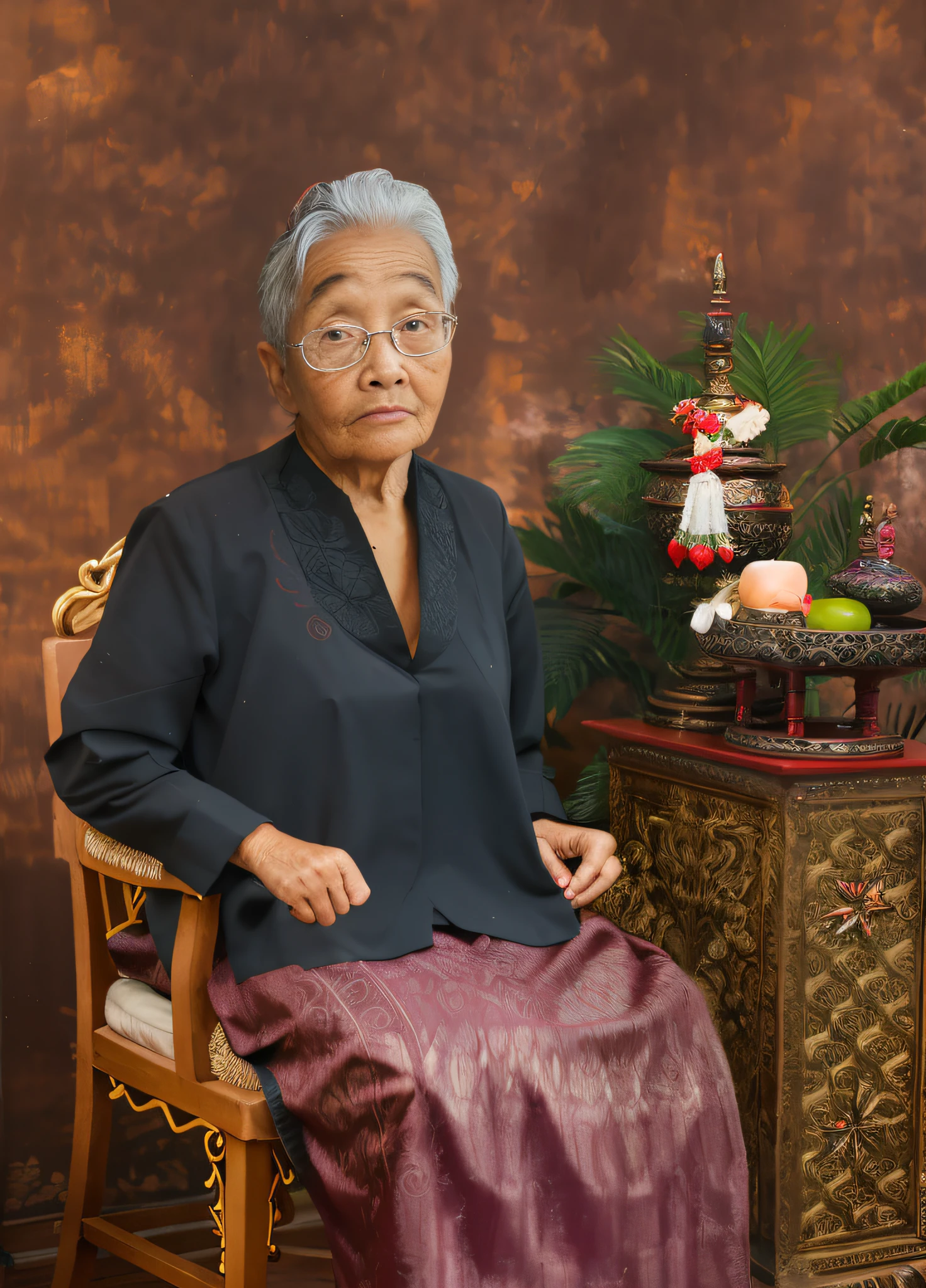 there a woman sitting in a chair with a table and a vase, barong family member, portrait shot, mid shot portrait, portrait of a old, portrait of an old, old woman, an old lady, asian woman, old lady, portrait of a old woman, portrait of modern darna, portrait shot 8 k, grandma, ceremonial portrait