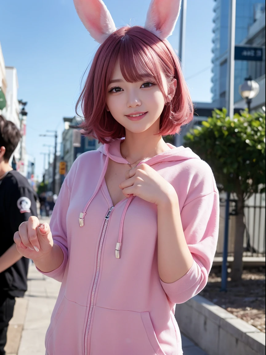 Bustling street、pink hoodie、Hooded trainer、Pink short cut hair、(8K, top-quality, masterpiece:1.2), (realisitic, Photorealsitic:1.37)、cute little、report、(A smile:1.15)、(smil)、tiny chest、(short-hair:1.2)、masuter piece、Pink Shortcut Bob、Realistic rabbit ears、Pink realistic rabbit ears、Realistic ears of rabbits sticking out of the head、Pink hair、A beautiful girl with a bewitching atmosphere、Beautiful shaped hands、K-POP、Pink rabbit ears、1 girl in、report、masterpiece、top-quality、realisitic、Hyper-detailing、absurderes、short pink hair、Slender beauties、动态照明、hight resolution、foco nítido、depth of fields、(thick thight:1.0)、A slender :1.2,((Short-cut bob hair))、((k pop:1.3)),Highly detailed facial and skin texture、((魅惑的)),Anatomically correct number of fingers,Correct anatomy