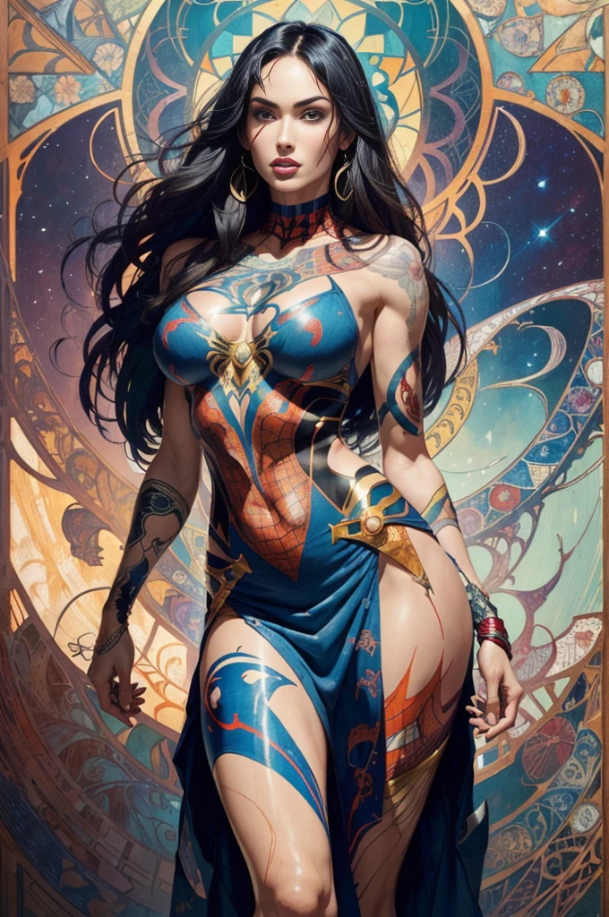 Megan fox、Sticking out the navel、newyork、She wears a torn Spider-Man suit,wearing skirt、abstract photorealistic、artistic、Alphonse Mucha's painting(masterpiece、top-quality、hight resolution:1.4)、detaileds、intricate-detail、4K、color splashes、line-drawing、Fibonacci、