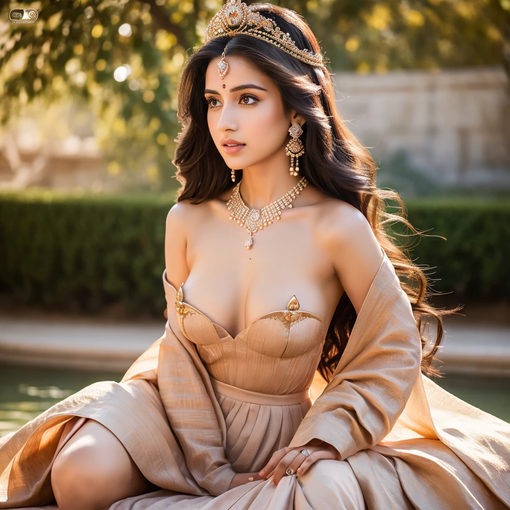 a beautiful woman with long dark hair, deep brown eyes, full lips, wearing an ornate gold headdress, draped in a sheer white dress, sitting on a throne surrounded by lush greenery, butterflies and flowers, ancient egyptian style, cinematic lighting, highly detailed, photorealistic, dramatic, intricate, elegant, rich colors, warm tones, chiaroscuro, masterpiece