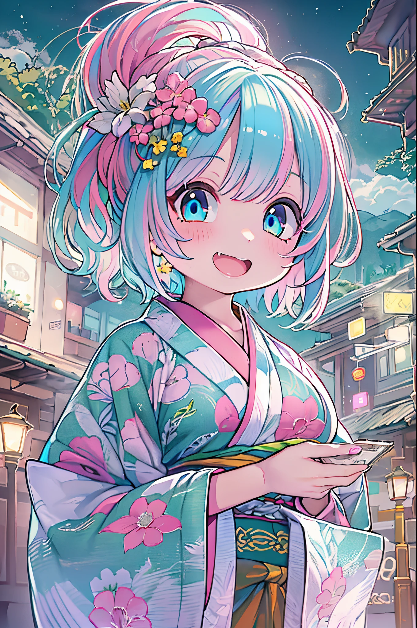 (masutepiece), (((Highest Quality)), (super detailed), 1 girl, (Iridescent hair, Colorful hair, Half blue and half pink hair: 1.2), 17 years old, (Yukata: 1.2), plein air, Bangs, Smile, sky-blue eyes, Perfect hands, Perfect hands, Hand Details, Corrected Fingers. earrings, Night Store + Background, up looking_で_viewer, Cowboy Shot, of the highest quality, rich detail, Perfect image quality,