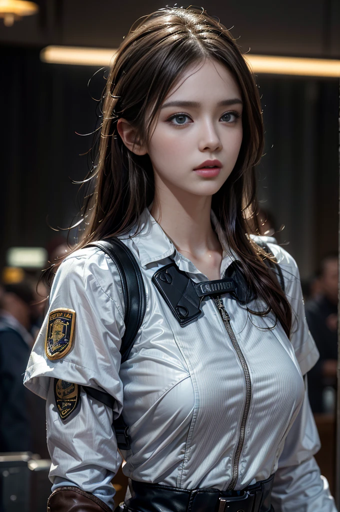 1girll, (photorealistic portrait)++, beautiful light, Masute Piece++, bestquality++, Realistic, upper body image、 Real Photo, intricate detailed, deep depth of field, 1 girl, Female soldier with brown cropped hair、sniper rifle handle, red military uniform, bulletproof vest, holding an assault rifle, m.16, In the city at night, Very detailed, perfect face, Blue Eyes, beautiful lips, Colossal、Tighten buttocks.、, small waist, Tall, K-pop idol, FujifilmXT3 Film, Stunning professional photography：by Ed Blinkey, Atey Ghailan, by Ghibli Studios, author：Jeremy Mann, Greg Manchess, Antonio Moro, Trends in Artstationh, trending on CGSociety, Convoluted , high-detail , crisp focus, impressive, Mid-Journey and Realist Art by Greg Rutkowski, Original photo, 8k UHD