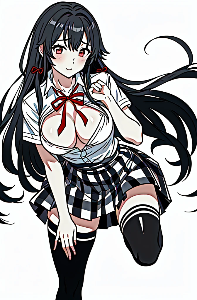 1 girl as yukino yukinoshita, absurdres, highres, solo, school uniform, big breasts, waist long black hair, (twintails:0.5), miniskirt, black thighhigh socks, loose red ribbon, unbuttoned white shirt
