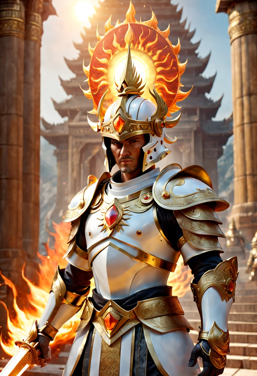 a strong warrior,Raise a flaming sword, Detailed white shiny armor, The mysterious golden gem on the armor,Detailed white helmet,A magnificent temple of the sun god,CG gameovie Promotional Image,(ultra-detailed,realistic:1.37),(best quality,4k,8k,highres,masterpiece:1.2)