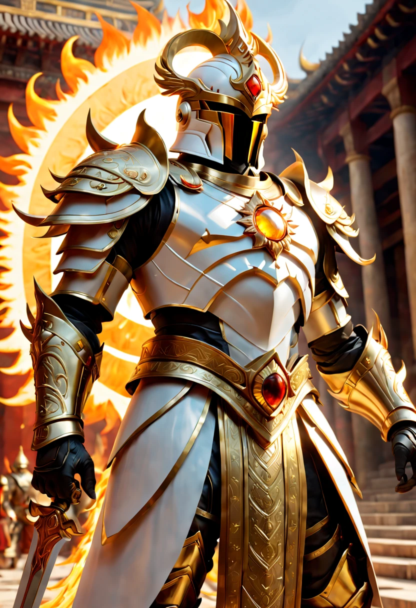a strong warrior，Raise a flaming sword, Detailed white shiny armor, The mysterious golden gem on the armor，Detailed white helmet，A magnificent temple of the sun god，CG gameovie Promotional Image，(ultra-detailed,realistic:1.37),(best quality,4k,8k,highres,masterpiece:1.2)