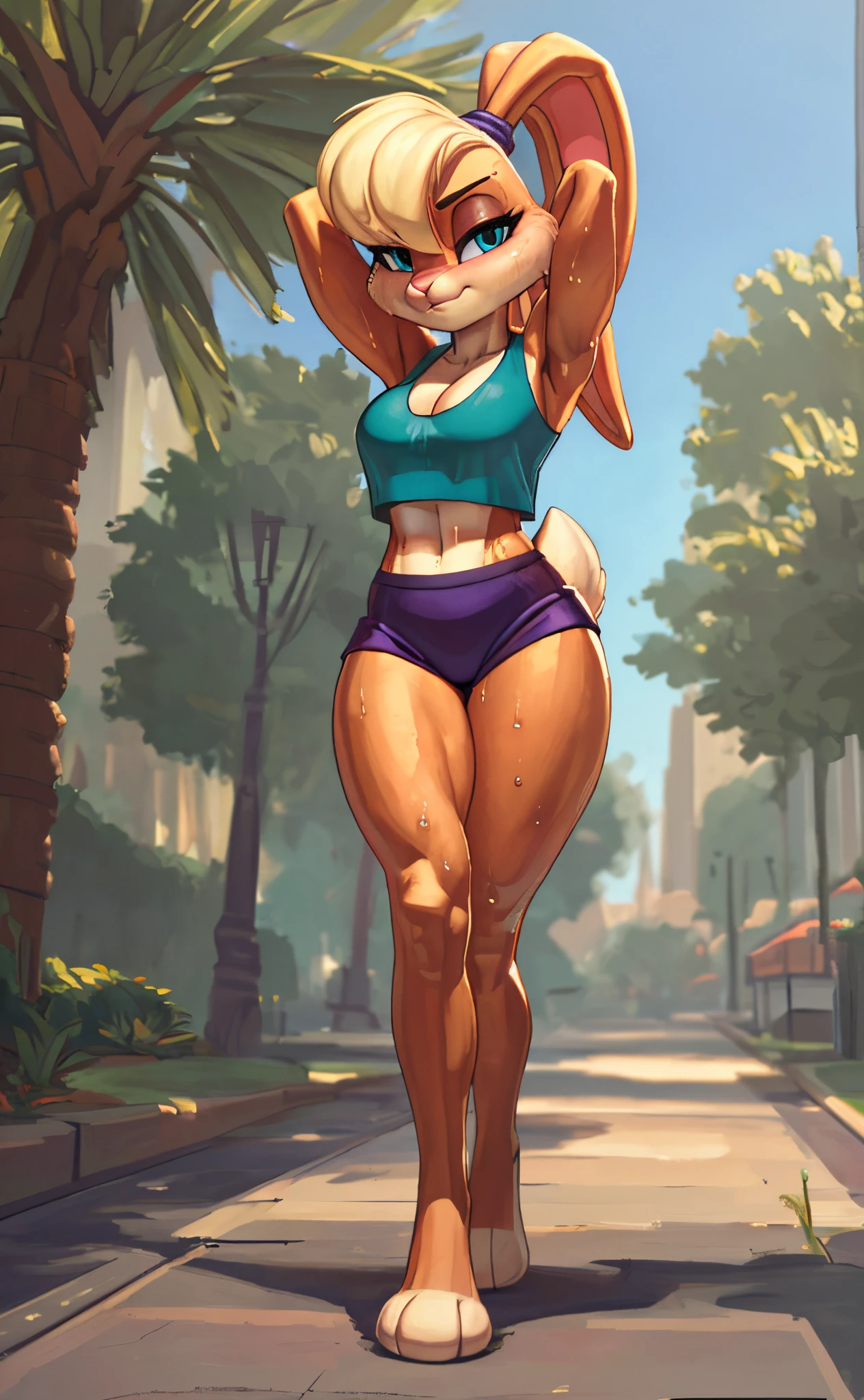 [lola bunny], [Uploaded to e621.net; (Pixelsketcher), (wamudraws)], ((masterpiece)), ((high res)), ((HD)), ((solo portrait)), ((full body)), ((front view)), ((feet visible)), ((furry; anthro)), ((detailed fur)), ((detailed shading)), ((beautiful render art)), ((intricate details)), {anthro rabbit; (slim figure), (beige fur), pink nose, (cute blue eyes), (half-closed eyes), (long eyelashes), short blonde hair, (blonde bang), (ears in ponytail), (fluffy tail), (small boobs), (curvy hips), (thick thighs), (defined muscles), (beautiful legs), (beautiful feet), (sweating), (sweat on forehead), (blushing), (confident gaze)}, {(teal tank top), (cleavage), (midriff), (navel), (purple short shorts), (white gloves)}, {(walking), (hands behind head), (looking at viewer)}, [background; (park), (blue sky), (sun rays)]