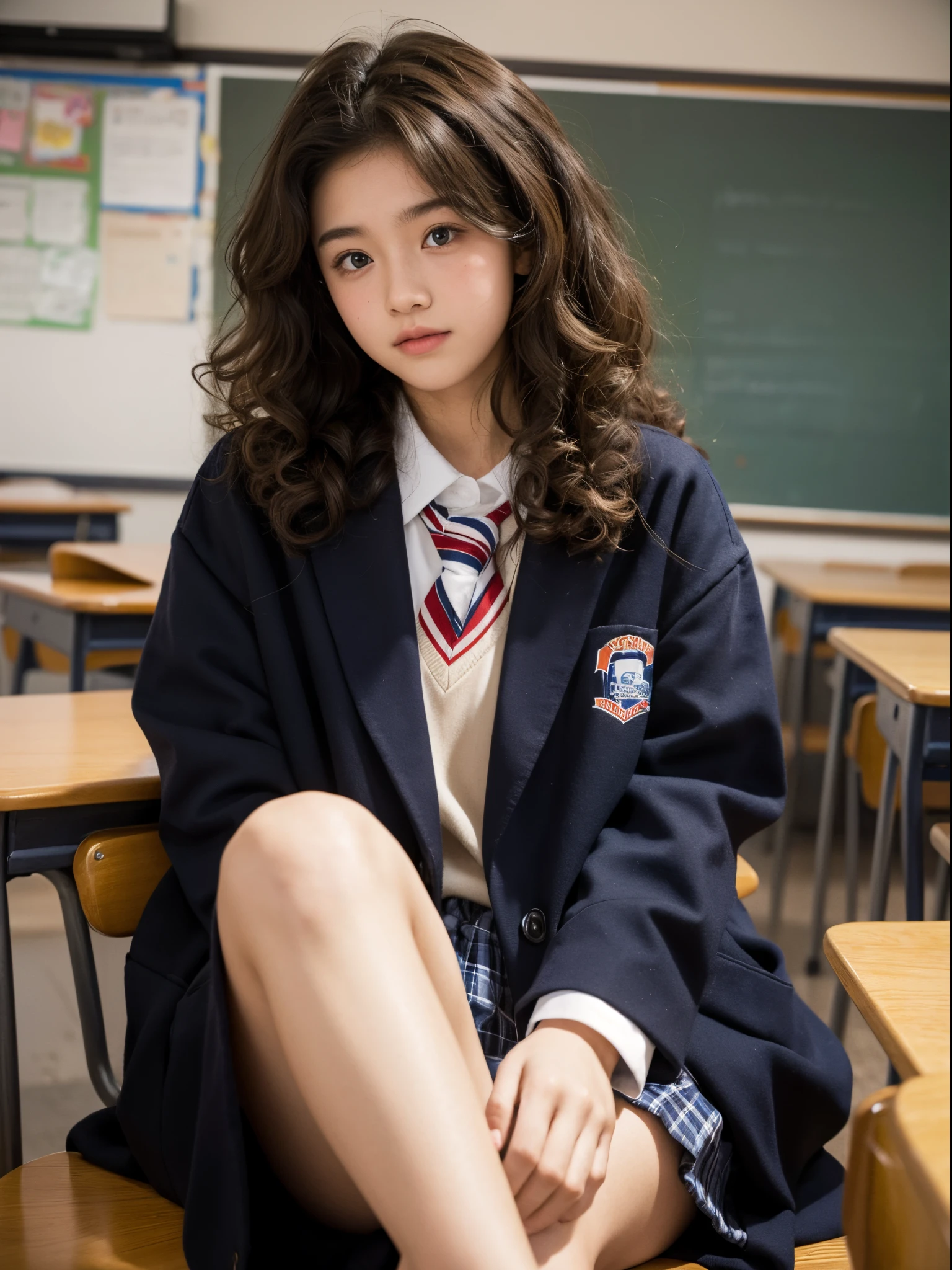 boy, 17 y.o, curly hair, highschool uniform, classroom