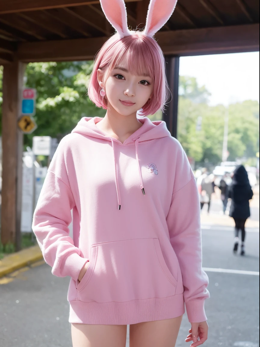 Bustling street、pink hoodie、Hooded trainer、Pink short cut hair、(8K, top-quality, ​masterpiece:1.2), (realisitic, Photorealsitic:1.37)、cute little、report、(A smile:1.15)、(smil)、tiny chest、（short-hair：1.2）、masuter piece、Pink Shortcut Bob、Realistic rabbit ears、Pink realistic rabbit ears、Realistic ears of rabbits sticking out of the head、Pink hair、A beautiful girl with a bewitching atmosphere、Beautiful shaped hands、K-POP、Pink rabbit ears、1 girl in、report、​masterpiece、top-quality、realisitic、Hyper-detailing、absurderes、short pink hair、Slender beauties、动态照明、hight resolution、foco nítido、depth of fields、(thick thight:1.0)、A slender :1.2，((Short-cut bob hair))、((k pop:1.3))，Highly detailed facial and skin texture、((魅惑的))，Anatomically correct number of fingers，Correct anatomy