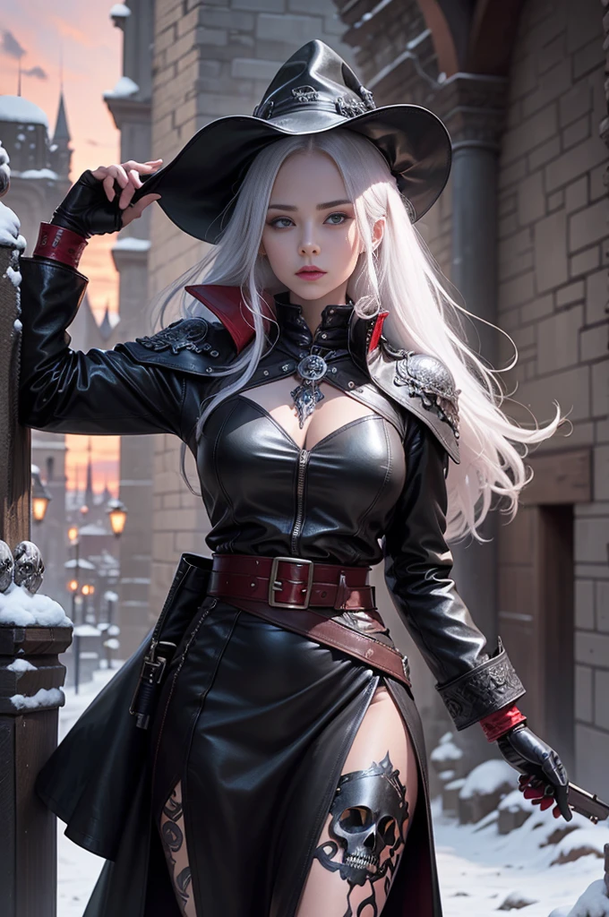 full body Esbian, of the highest quality, Intricate details , (Fine skin, Shiny skin, Shiny hair, pale complexion,Big breasts), Red sky, Continuous snow, In the snowy forest, ((Skull Mark)), ambitious, Seductive Woman, Gray hair, Long hair, Hair fluttering in the wind, Skull mask on half of the face, Detailed tattoos, Red leather clothes, Red sleeveless clothes, Black leather coat, Black leather gloves, Solid Gold Bracelet, leather skirt red skirt, , Hat with skull marker, (Leather Belt), Look far away
