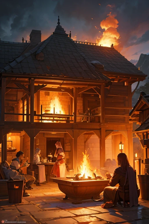 (best quality,4k,8k,highres,masterpiece:1.2),ultra-detailed,(realistic,photorealistic,photo-realistic:1.37),four boiling pots on a fiery ground,cauldron,background of a fantasy tavern,cooking it,in a cozy fantasy tavern by the fireplace,background art,random background scene,smithy,background artwork,cooking one,fantasy tavern background,animated still,fireplace,animated screenshot,cuisine Rat King style,brazier