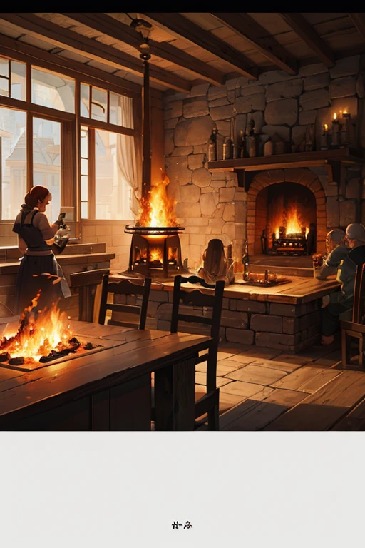 There are four pots on the fire，Flames come out of the pot, kettle, tavern background, cook it, In a fantasy tavern by the fireplace, arte de fundo, random background scene, Smelter, background artwork, cook a, Fantasy tavern background, animated still, fireplace, Animated static screenshot, ratatouille style, braziers