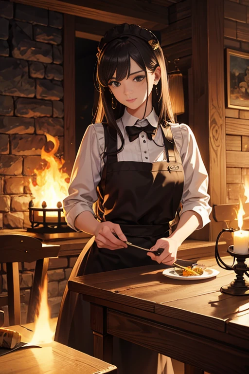 (best quality,4k,8k,highres,masterpiece:1.2),ultra-detailed,(realistic,photorealistic,photo-realistic:1.37),baroque style,lively flames,burning fire,pot,quaint little tavern beside the fireplace,artistic background,random background scenery,forge,background artwork,cooking one,fantasy tavern scene,animated still,fireplace,animated screenshot,culinary Rat King style,brazier