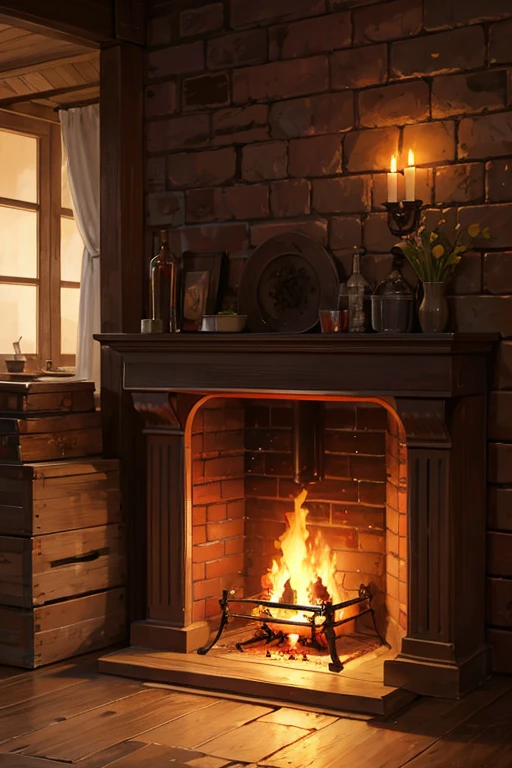 (best quality,4k,8k,highres,masterpiece:1.2),ultra-detailed,(realistic,photorealistic,photo-realistic:1.37),baroque style,lively flames,burning fire,pot,quaint little tavern beside the fireplace,artistic background,random background scenery,forge,background artwork,cooking one,fantasy tavern scene,animated still,fireplace,animated screenshot,culinary Rat King style,brazier