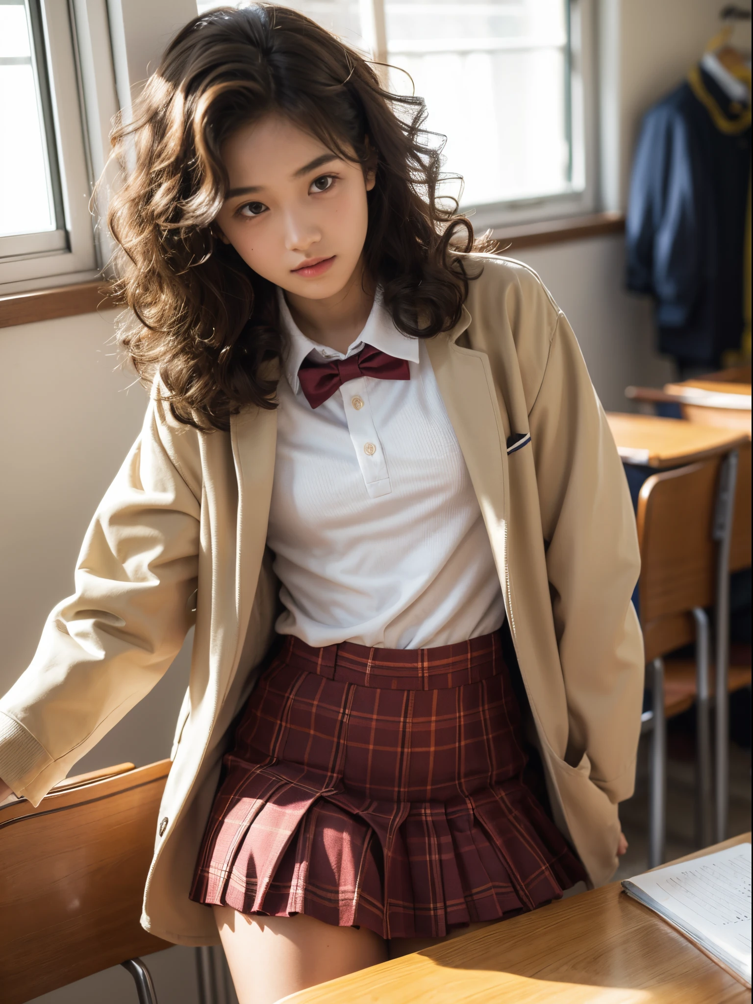 boy, 17 y.o, curly hair, highschool uniform, classroom