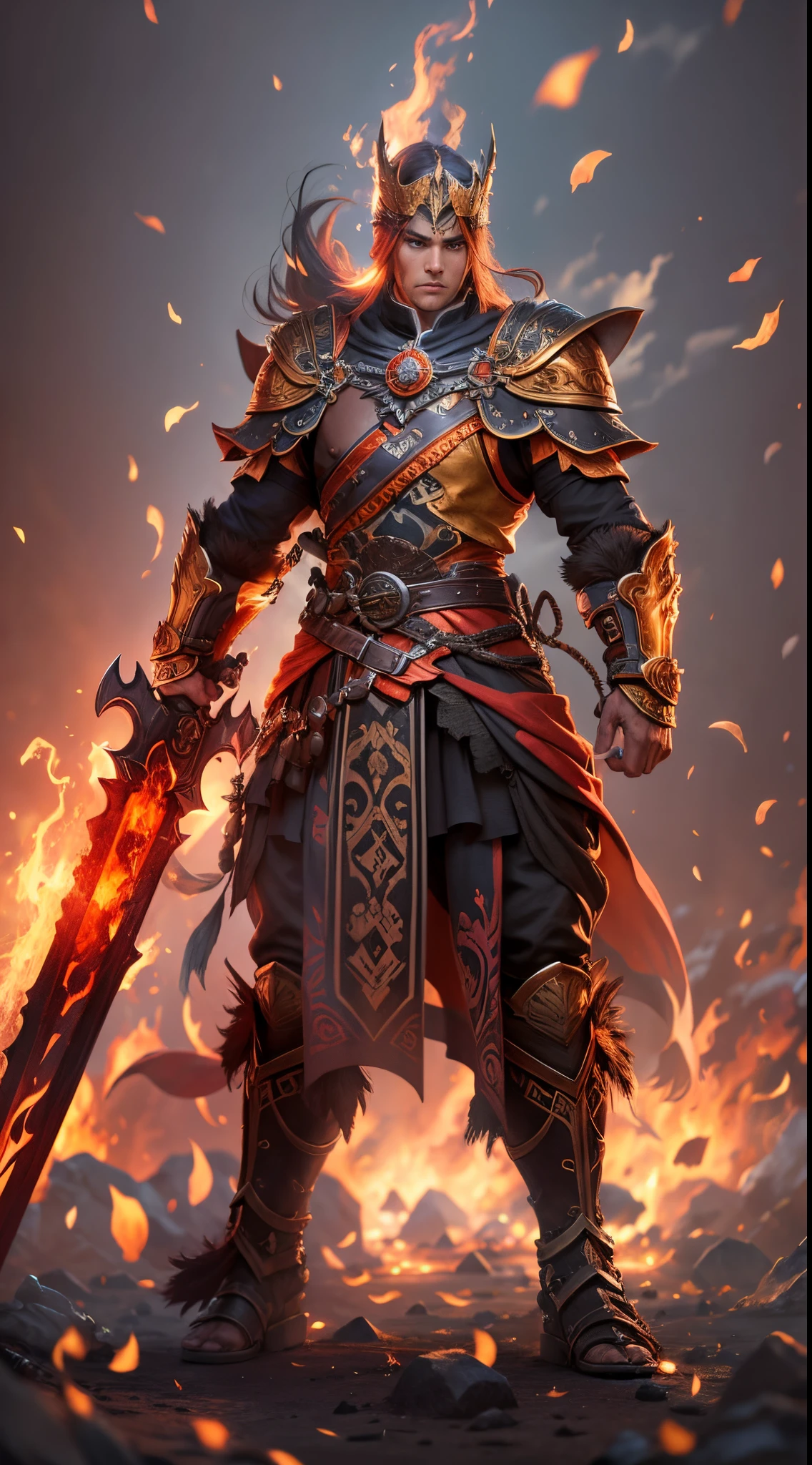 A strong warrior wielding a burning flame sword, (best quality,4k,highres:1.2),ultra-detailed,physically-based rendering, vivid colors, bokeh, (intense, dramatic:1.1) lighting, (high-contrast:0.9) portrait.