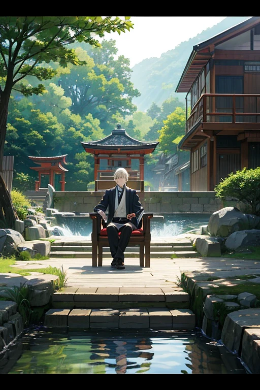 Anime scene of a man sitting on a chair in front of a well, Mushoku Tensei, in the anime film, anime scene, show on《full metal alchemist》curled, alphonse, full metal alchemist, fullmetal alchemist brotherhood, pouring, Water Mill, black clover screenshot, screenshot from the anime film, Ginkgo showcases new steamed fish, Riichi Ueshiba
