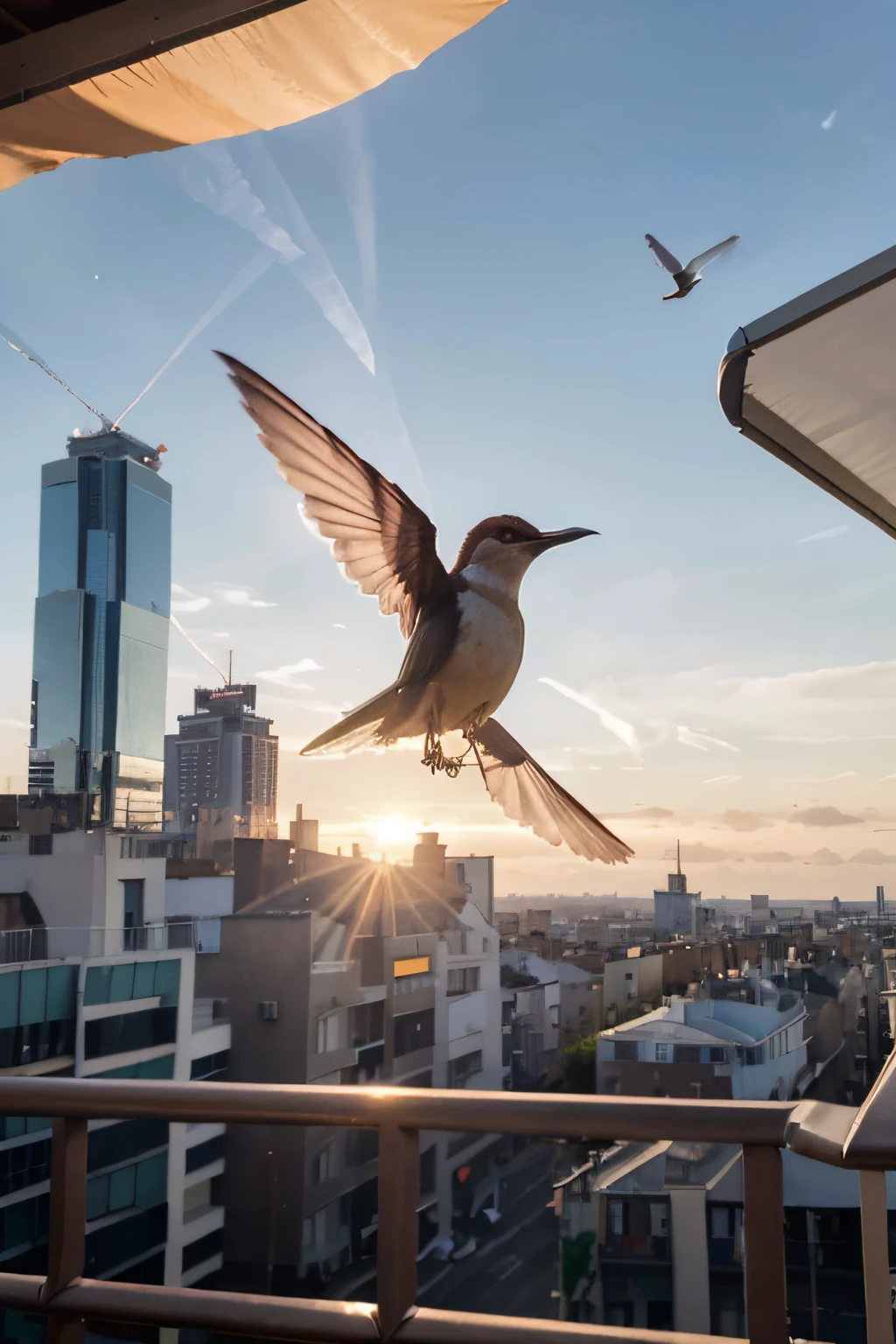 colibri en vol photography hyperréaliste arrière-plan de la ville légèrement flow coucher de soleil bords de l'oiseau halo de soleil flou sur l'objectif de l'Appareil photo jambes bien définies tirées vers le corps de l'oiseau