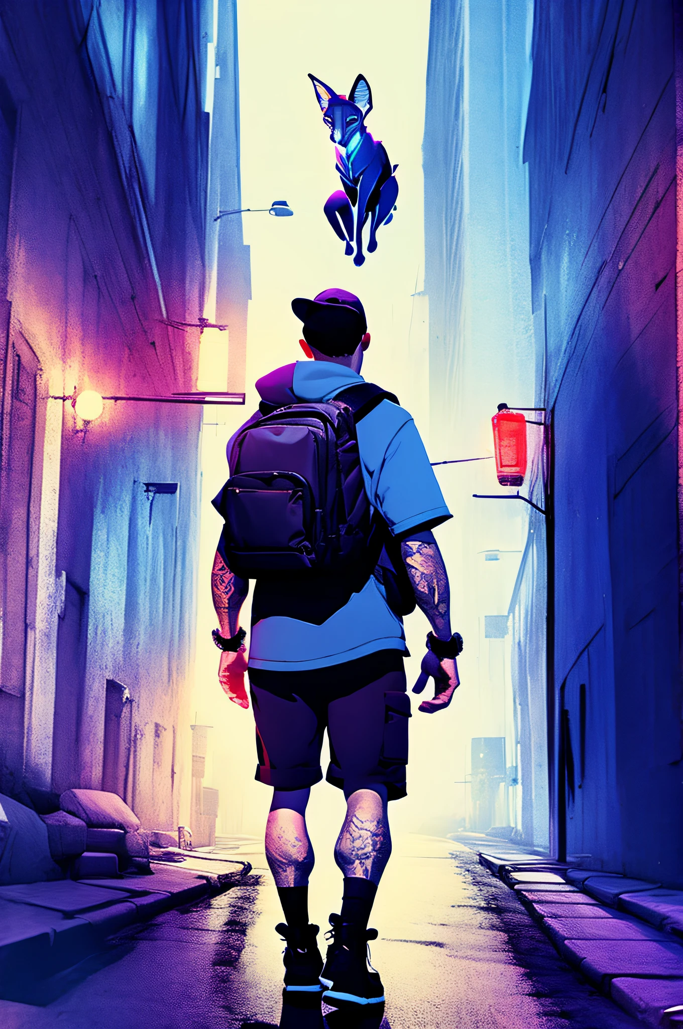 draw a sly fox, who is dressed in human clothes with a watch and a classic backpack against the backdrop of a metropolis