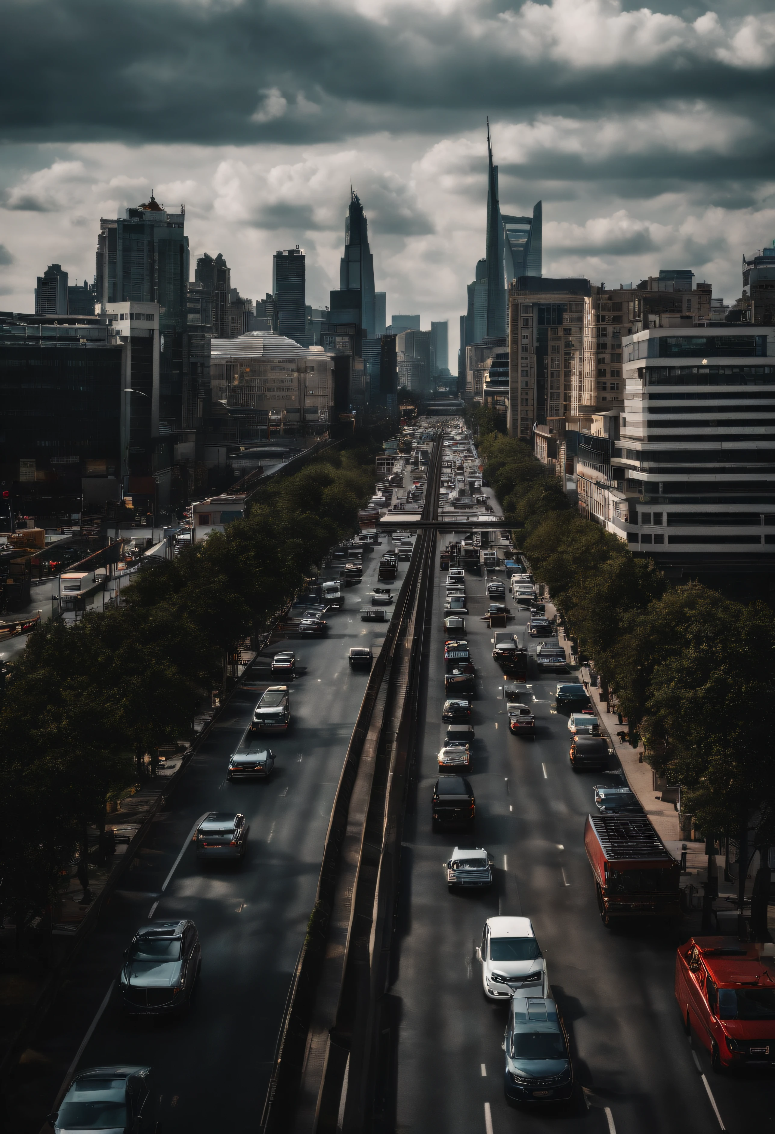 tmasterpiece,skyscrapper,looking over city,Youn,Heavy traffic,Bright shades