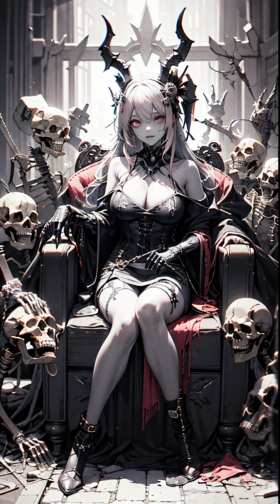 offcial art, Unity 8k壁紙, ultra - detailed, Beautiful and beautiful, high high quality, big breasts beautiful, tmasterpiece, Best quality at best, (Zen entanglement, datura, Tangles, Tangled:0.6), flatcolors, limited palette, low-contrast, A cute girl offers cake to the devil, Pink big breasts, black in color, bright pastel color, kawaii, (terroral), eerie, rabbit skull, goat skull, In hell, spine-chilling, The demons, clawed paws, best illuminate,Inside the Dark Palace,Skeleton Throne,A throne made of skeletons,Skeleton ornaments