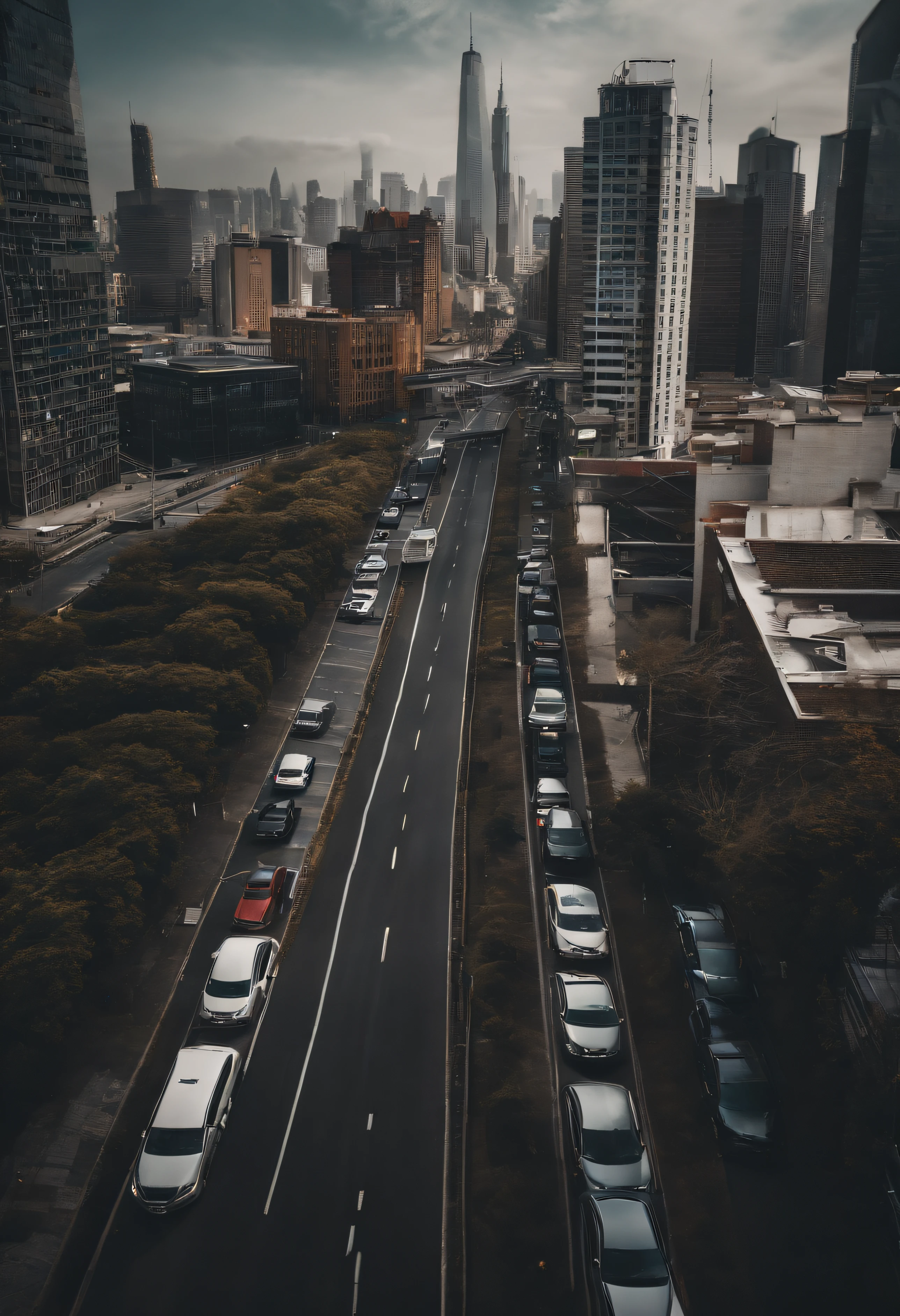 tmasterpiece，skyscrapper，looking over city，Youn，Heavy traffic，Bright shades