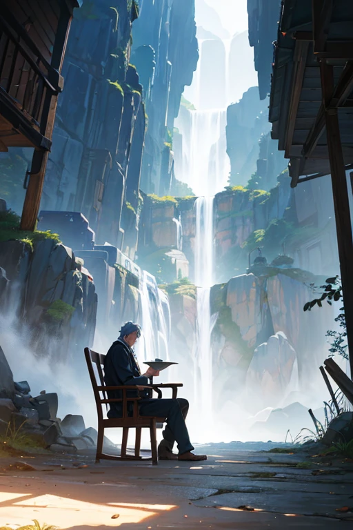 A man sitting on a rocking chair in an anime scene, reincarnation, showcased in an animated film, anime scenery, depicted in "Fullmetal Alchemist" franchise, Alphonse, Fullmetal Alchemist, Brotherhood of Steel, pouring, water mill, screenshot from Black Clover, screenshot from an animated film, Gingko showcasing freshly steamed fish, Ueshiba Riichi, (best quality,4k,8k,highres,masterpiece:1.2),ultra-detailed,(realistic,photorealistic,photo-realistic:1.37), portraits, landscape, horror, anime, sci-fi, photography, concept artists, vibrant colors, warm color tones, soft lighting.