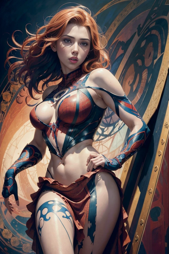scarlet johansson、Sticking out the navel、newyork、She wears a torn Spider-Man suit,wearing skirt、abstract photorealistic、artistic、Alphonse Mucha's painting(masterpiece、top-quality、hight resolution:1.4)、detaileds、intricate-detail、4K、color splashes、line-drawing、Fibonacci、