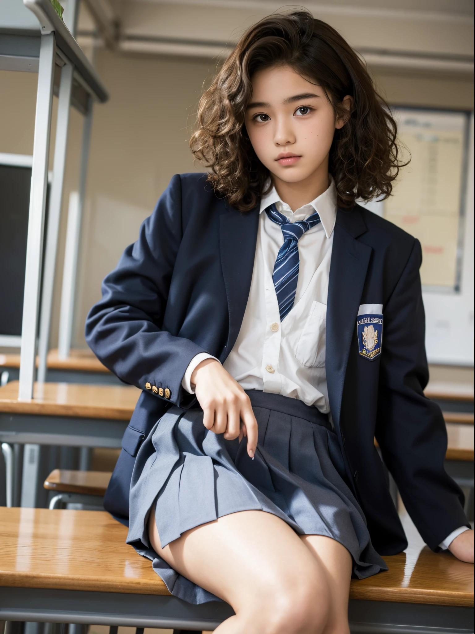 boy,  y.o, curly hair, highschool uniform, classroom