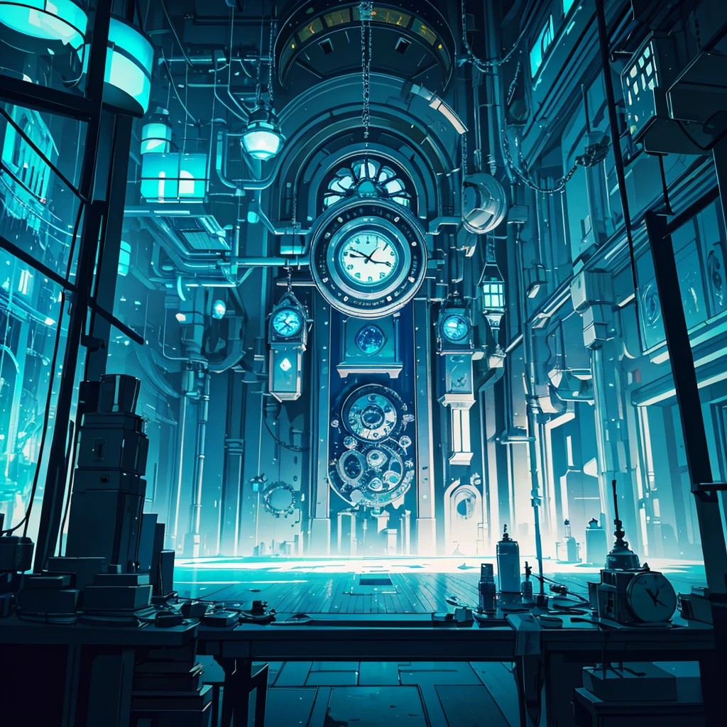 absurdres, best quality, fine detailed, 8k, no humans, blue sky, white cloud, Many huge colorful clocks and gears floating in a dimly lit large room, a huge clock decorated with silver crystal texture, white gears of various sizes, royal great laboratory, clock-themed ornament, silver chain, green circuit diagram, cyberpunk, ray tracing, refraction, cinematic lighting, fisheye lens, tyndall effect