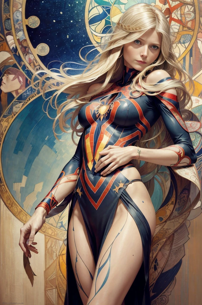 Gwyneth Paltrow、Sticking out the navel、newyork、She wears a torn Spider-Man suit,wearing skirt、abstract photorealistic、artistic、Alphonse Mucha's painting(masterpiece、top-quality、hight resolution:1.4)、detaileds、intricate-detail、4K、color splashes、line-drawing、Fibonacci、
