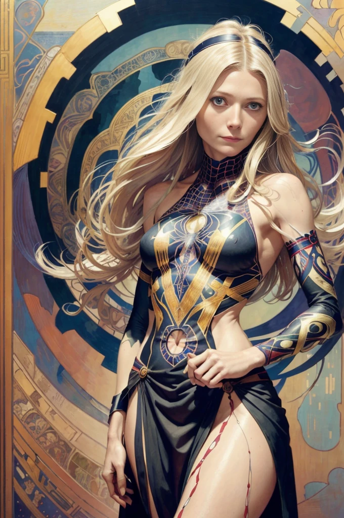 Gwyneth Paltrow、Sticking out the navel、newyork、She wears a torn Spider-Man suit,wearing skirt、abstract photorealistic、artistic、Alphonse Mucha's painting(masterpiece、top-quality、hight resolution:1.4)、detaileds、intricate-detail、4K、color splashes、line-drawing、Fibonacci、